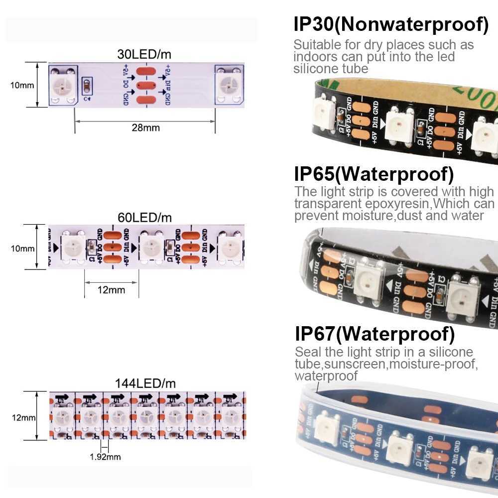 WS2811 WS2812B WS2813 WS2815 RGB LED Strip 5050 Individually Addressable Smart 30/60/144pixels/Leds/M Tape Light IP30/65/67 W250701