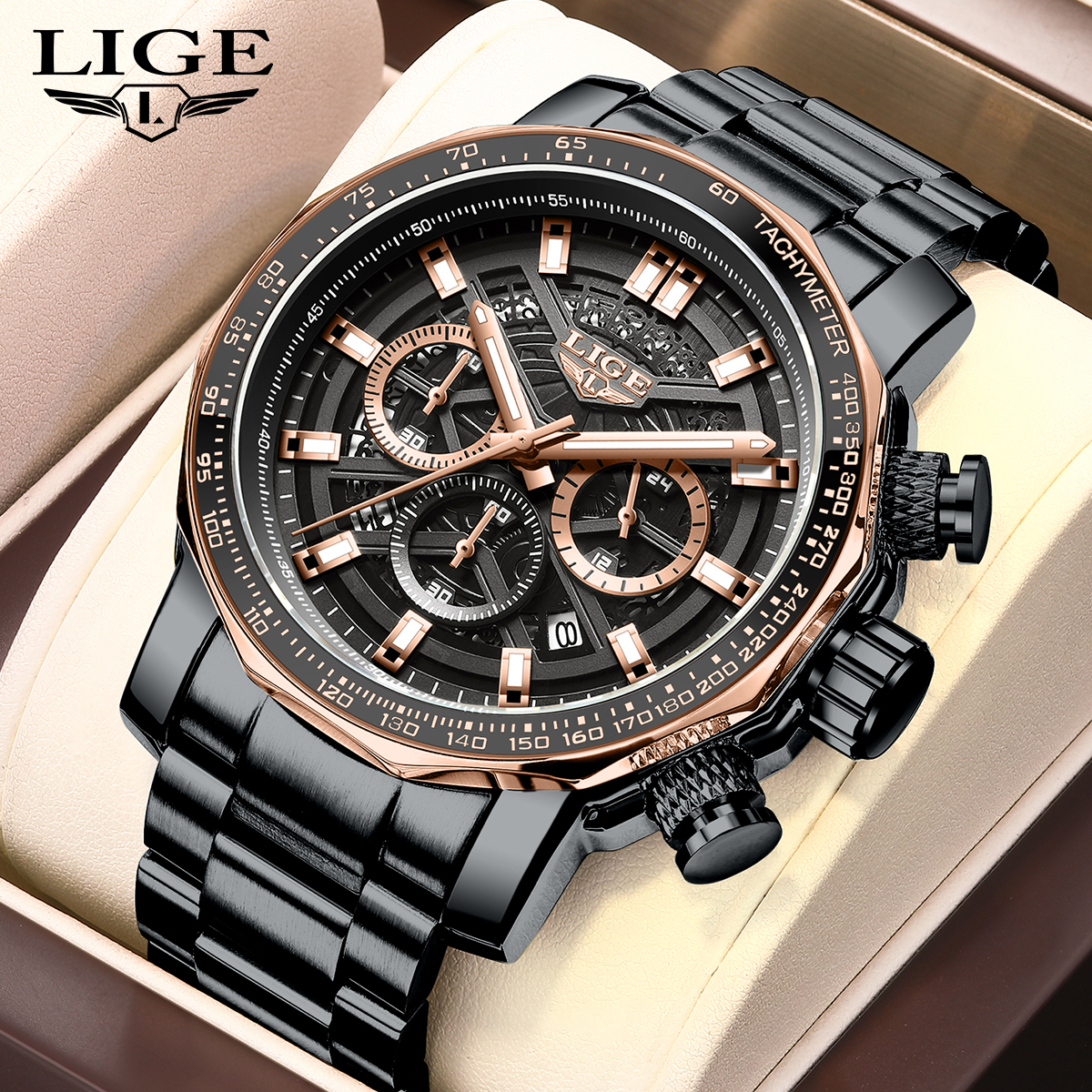 LIGE Men's Quartz Watch Waterproof Watch Top Brand Men's and Women's Universal Style Square Case Fashion Business Watch Holiday Gift Te