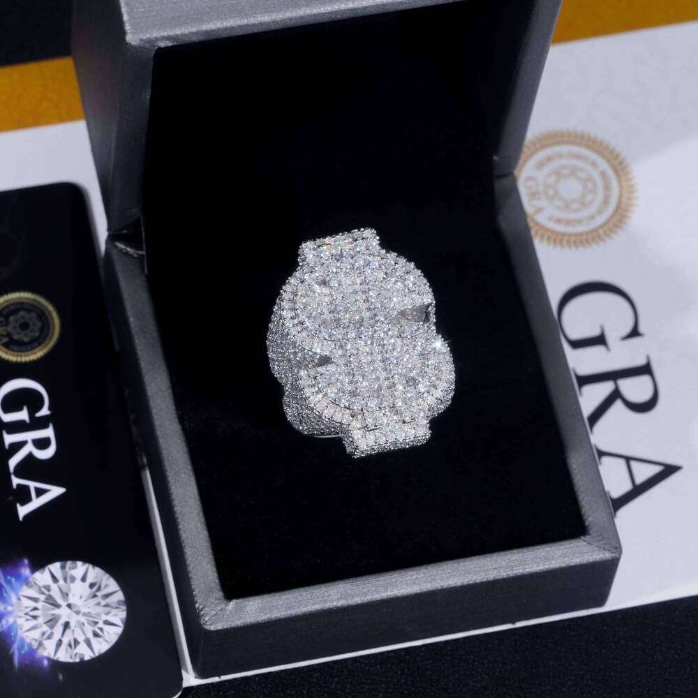 GRA Certificate High-Quality Silver and Gold Plated Premium Jewelry Iced Out Hip-Hop with Sandstone Dollar Ring