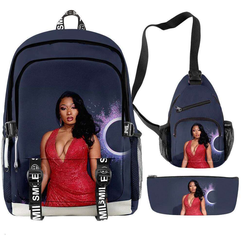 Fashion Novelty megan thee stallion 3D Printed 3pcs/Set Student School Bags multifunction Travel Backpack Chest Bag Pencil Case