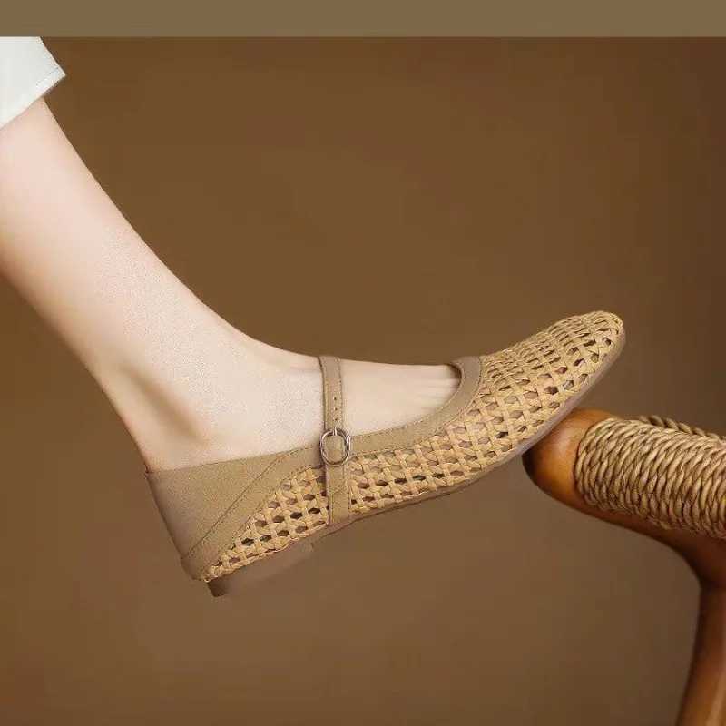 Woven Cutout Flat Single Shoes Womens Summer New Square Toe Shallow Mouth One Strap Soft Sole Mary Jane Sandals M250702