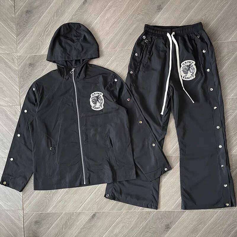 Saint Vanity Embroidered Zipper & Snap Button Casual Sporty Windbreaker Track Suit Set with Pants Streetwear Fashion