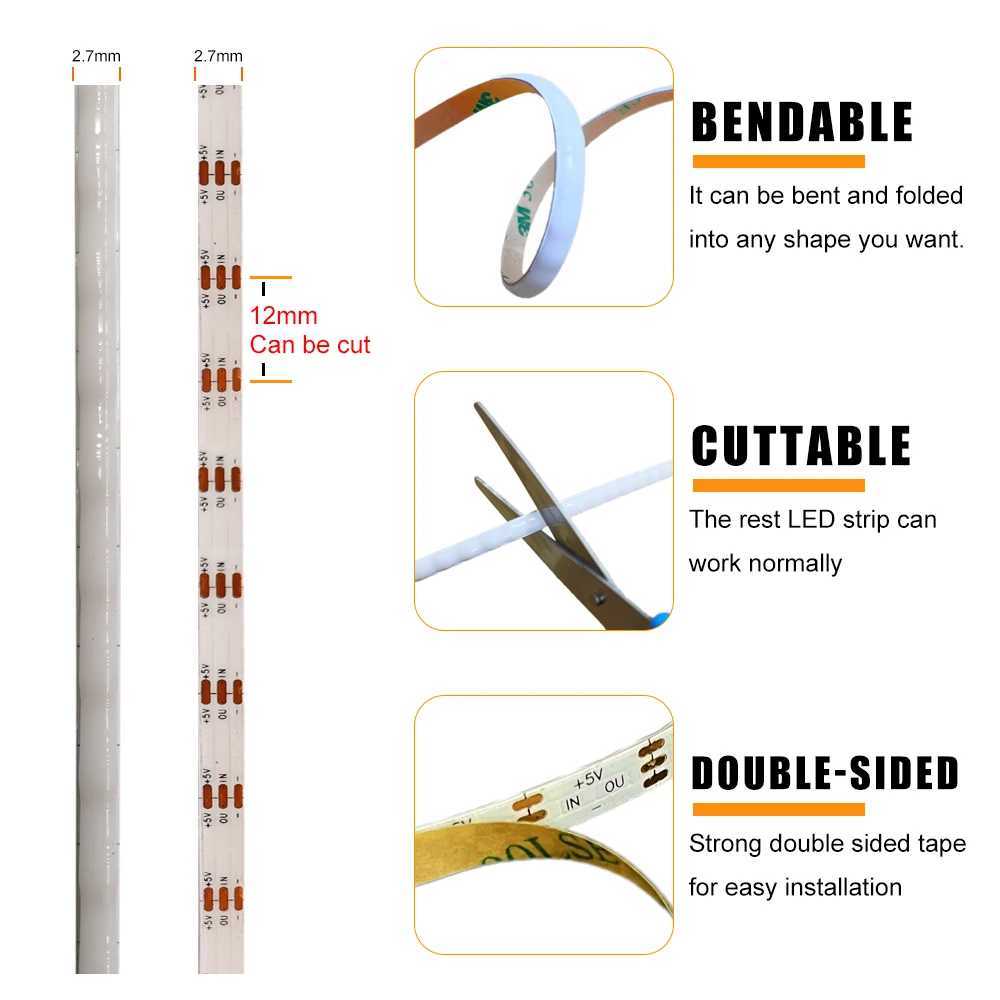 DC5V 2.7mm Ultra Narrow WS2812B COB LED Strip 160Led/m High Density Individually Addressable Flexible RGBIC Colorful Pixel Light W250701