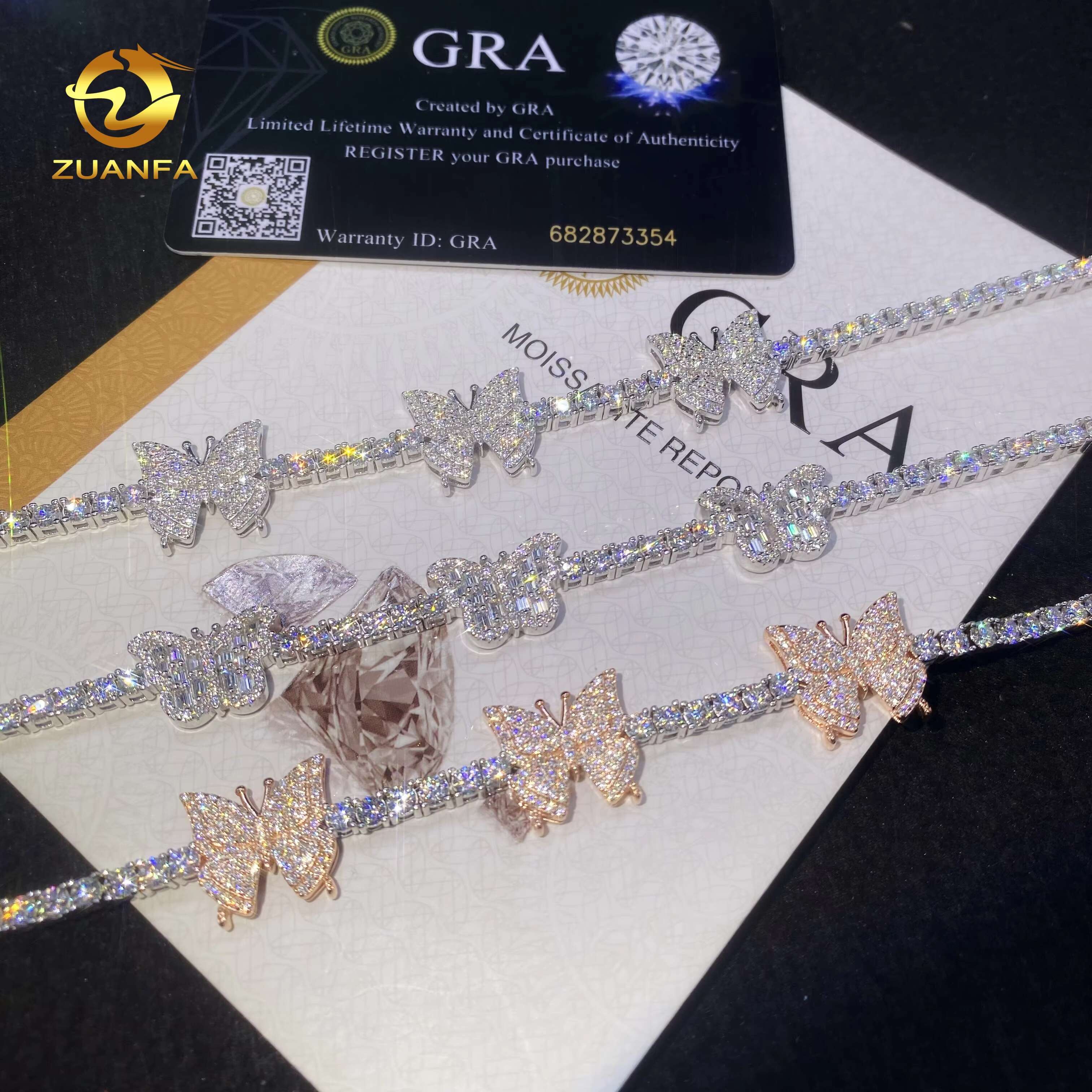 Elegant 3mm Diamond Tennis Bracelets 925 Silver Hip Hop Jewelry Women Iced Out VVS D Moissanite Rose Gold Butterfly Bracelet