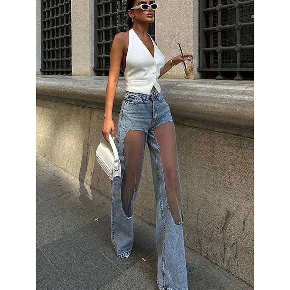 hoodie Women's Wear Designer Women's Jeans Pant Blue Denim With Sheer Mesh Knee Panels Hip Hop Style Distressed High Waist Streetwear Trouse