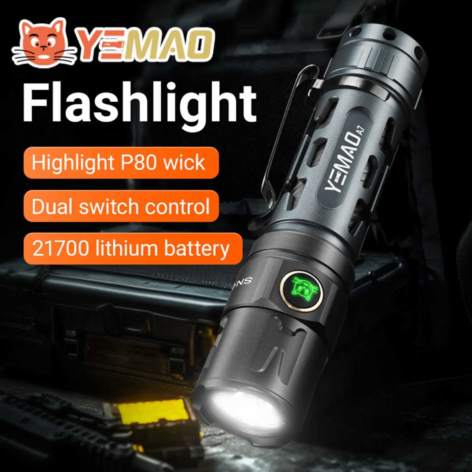 YEMAO New Upgrade A7 Tactical Flashlight 2200 Lumens LED Flashlight Rechargeable Dual Switch Torch 21700 Battery Powerful LightXJ250701