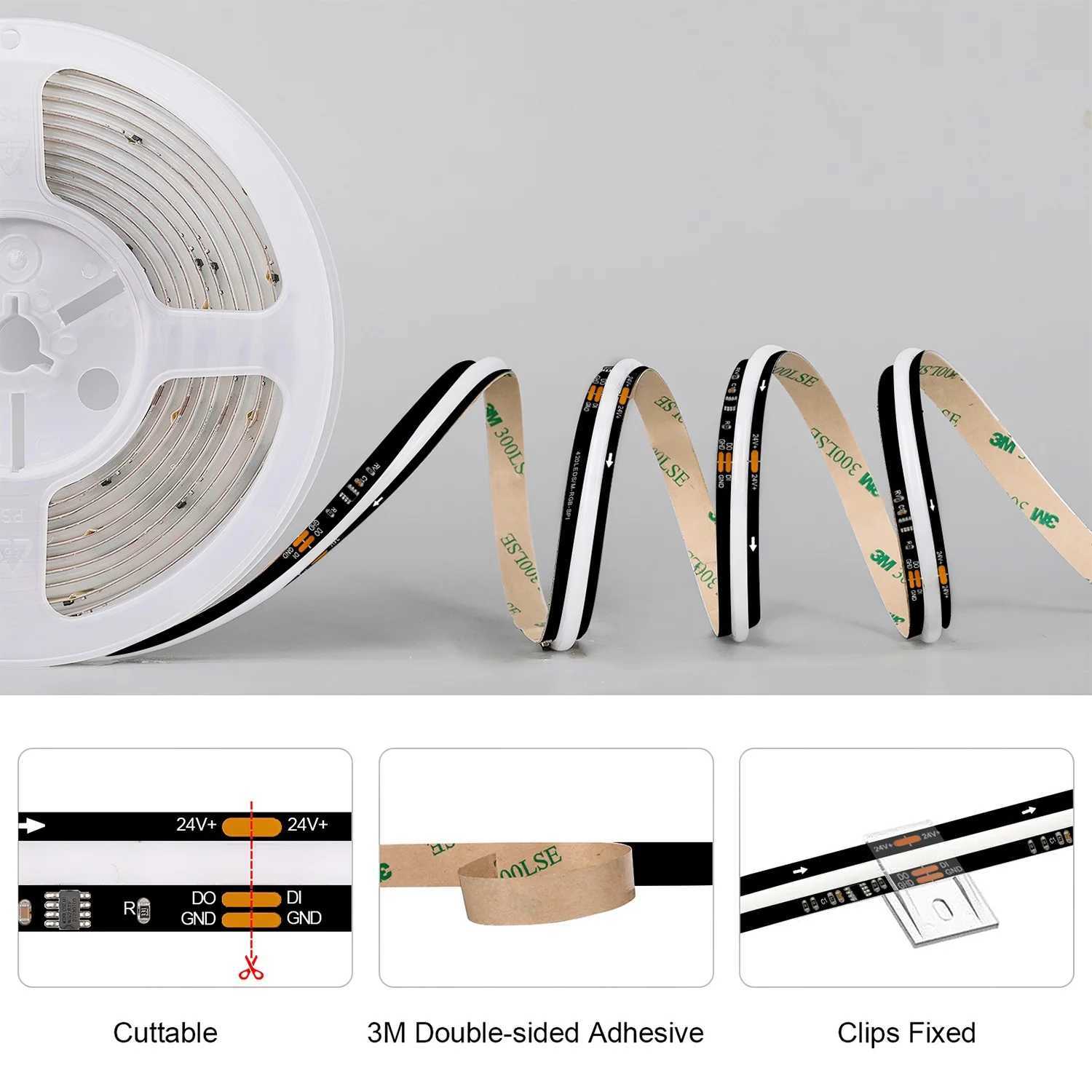 SPI COB LED Strip WS2811 RGB+IC Addressable 420LEDs/m Pixel Dream Color High Density Flexible FCOB LED Lights RA90 WS2812B W250701