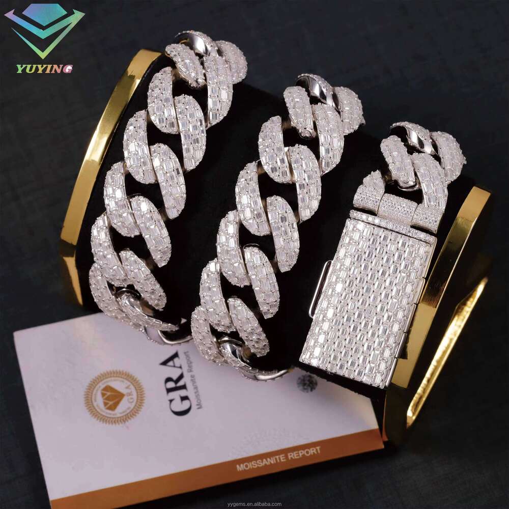 Luxurious Design VVS Baguette Moissanite 23Mm Wide Sterling Sier GoldPlated HipHop Singer Cuban Chain Necklace