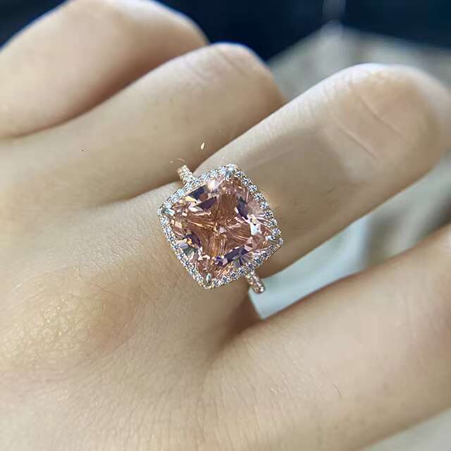 925 Sterling Silver Princess Halo Cubic Zirconia Simulated Morganite Ring Rose Gold Pink Morganite Engagement Rings