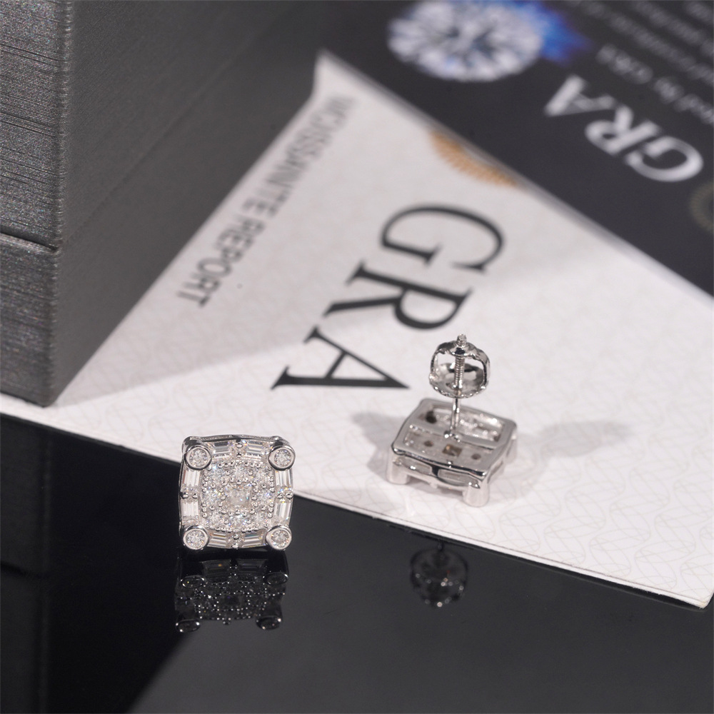Hip Hop Jewelry Rapper Iced Out Screw Back 925 Sterling Silver Men Moissanite Stud Earrings