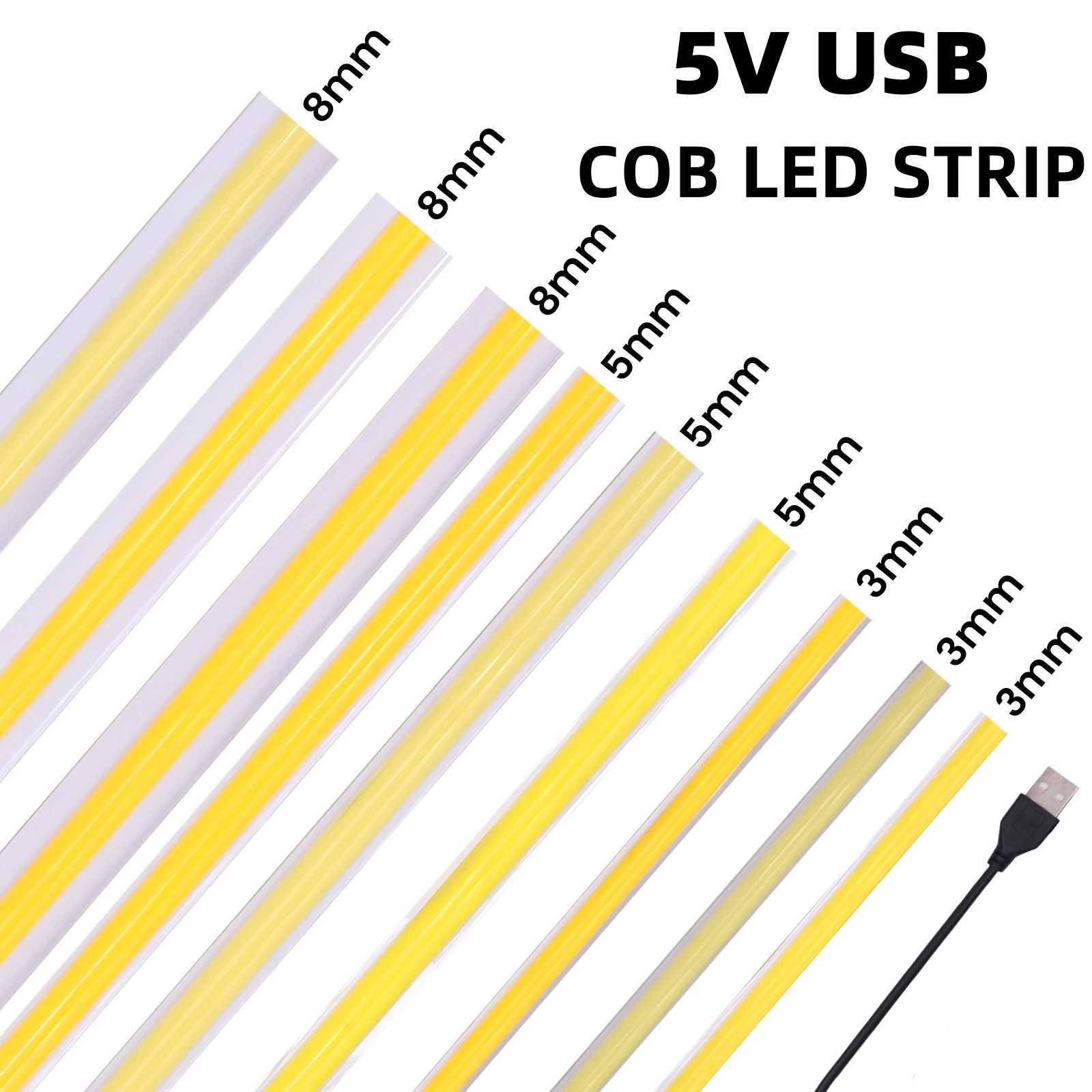 5V USB COB Strip LED Lights 3MM 5MM 8MM Genilik Dimmable Esnek Halat Bant Lamba 320LEDs/M RA90 Yksek Younluk 3000K 4000K 6000K W250701