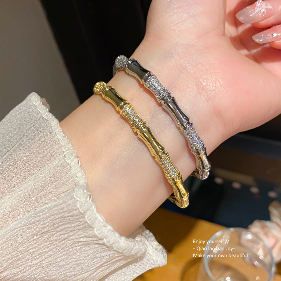 Gold Tone Cubic Zirconia Pave Bamboo Bangle Bracelet With Sparkling Accents Chic Fashion Jewelry And Gift For Her High Quality And Luxe Accessory