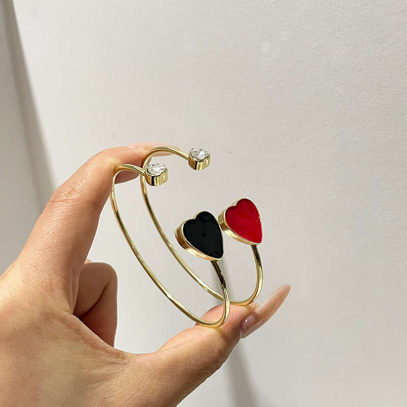 DHCollections Adjustable Heart Bracelet - Trendy Korean-Style Cuff Bangle with Crystal Accents for Women (Red/Black, 8.4g Lightweight)