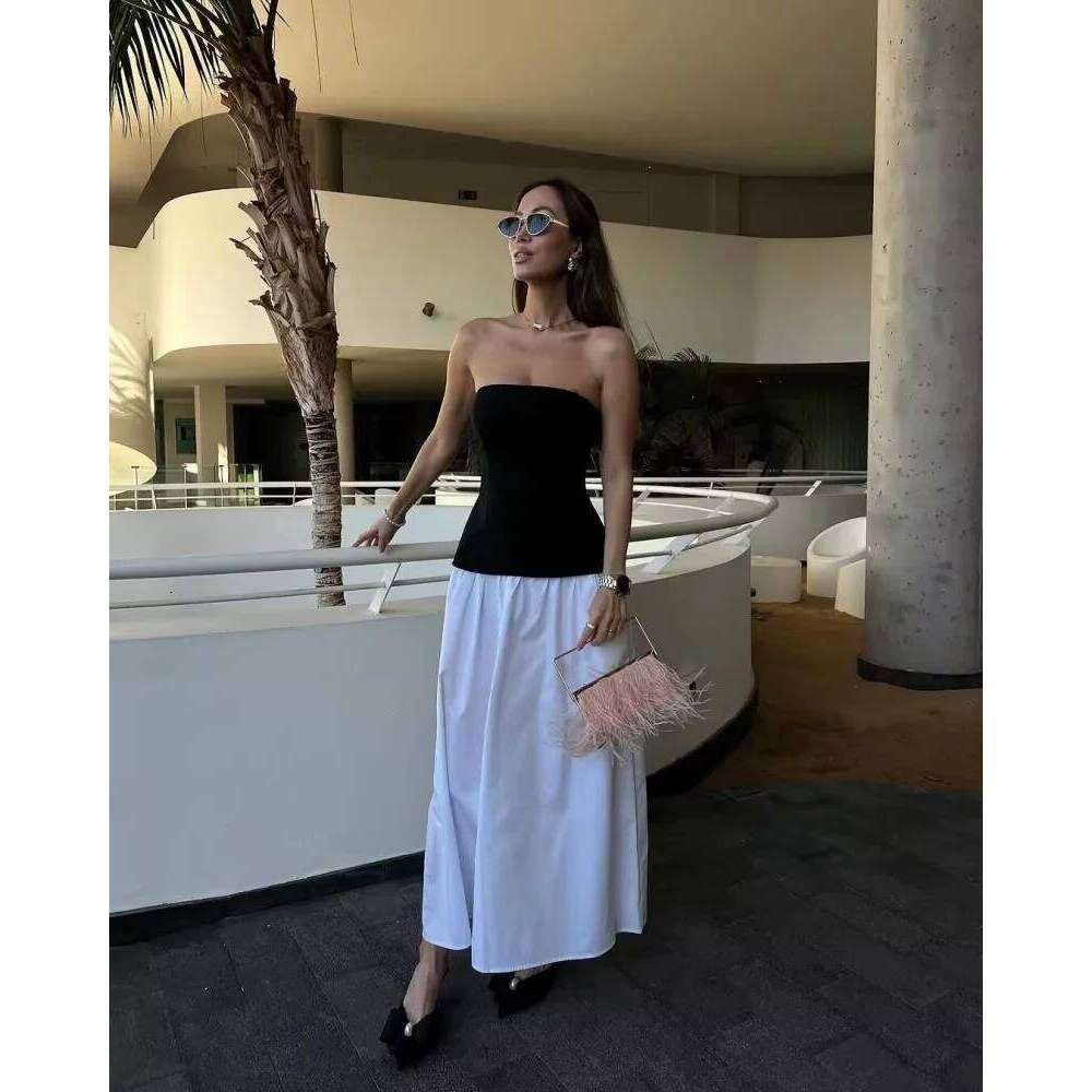 hoodie Women's Wear TRAF Women's Spring Collection Elegant Fashion Party Color Contrast Patchwork Sexy Strapless Dress jacket