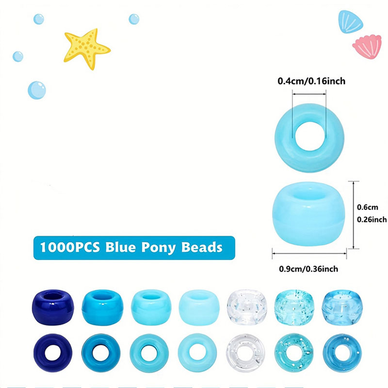 1000PCS Blue Pony Beads Bulk: Shimmering Ocean Theme Plastic Beads for DIY Bracelet Making, Jewelry Craft Supplies Kit