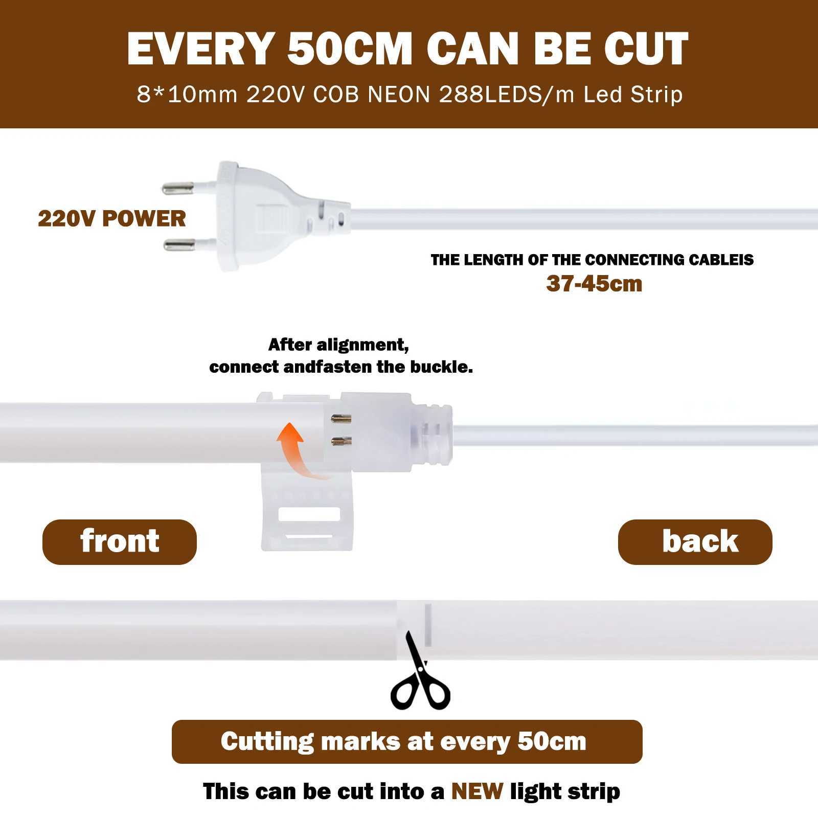 AC 220V 270 Degree Light COB Strip 288Leds/M IP65 Waterproof Milky White Flexible Ribbon Rope Tape LED Neon Light W250701