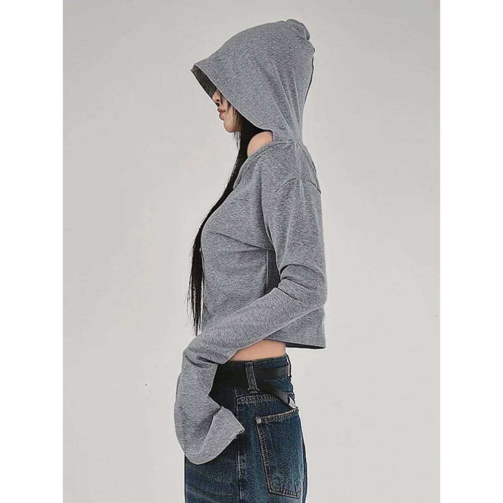 hoodie Wear Basic Hooded Waste Soil Style Cropped T-Shirt Y2k Aesthetic Slim Off Shoulder Long Sleeve Tees Casual Streetwear Tops jacket