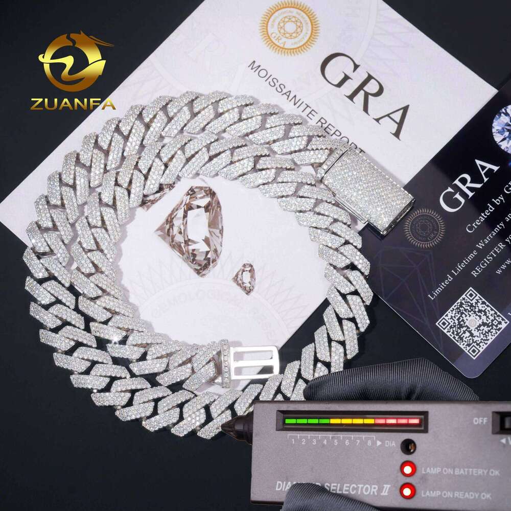 GRA Certified Jewelry 14Mm 3 Rows Sterling Sier Iced Out VVS Moissanite Mens Cuban Chain Necklace