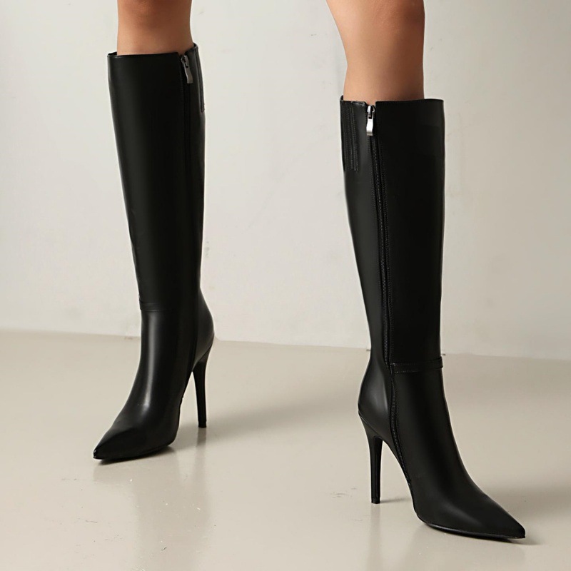 Women's Pointed Toe Stiletto Knee-High Boots - Biker-Inspired Buckle Detail, Side Zipper, Microfiber Leather Fashion Riding Boots