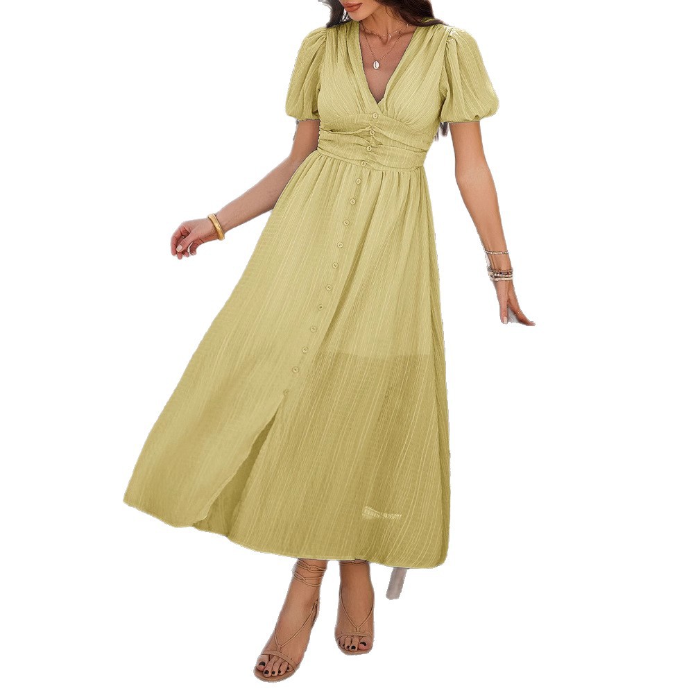 H72Summer holiday style high waist short sleeve single breasted slit dress