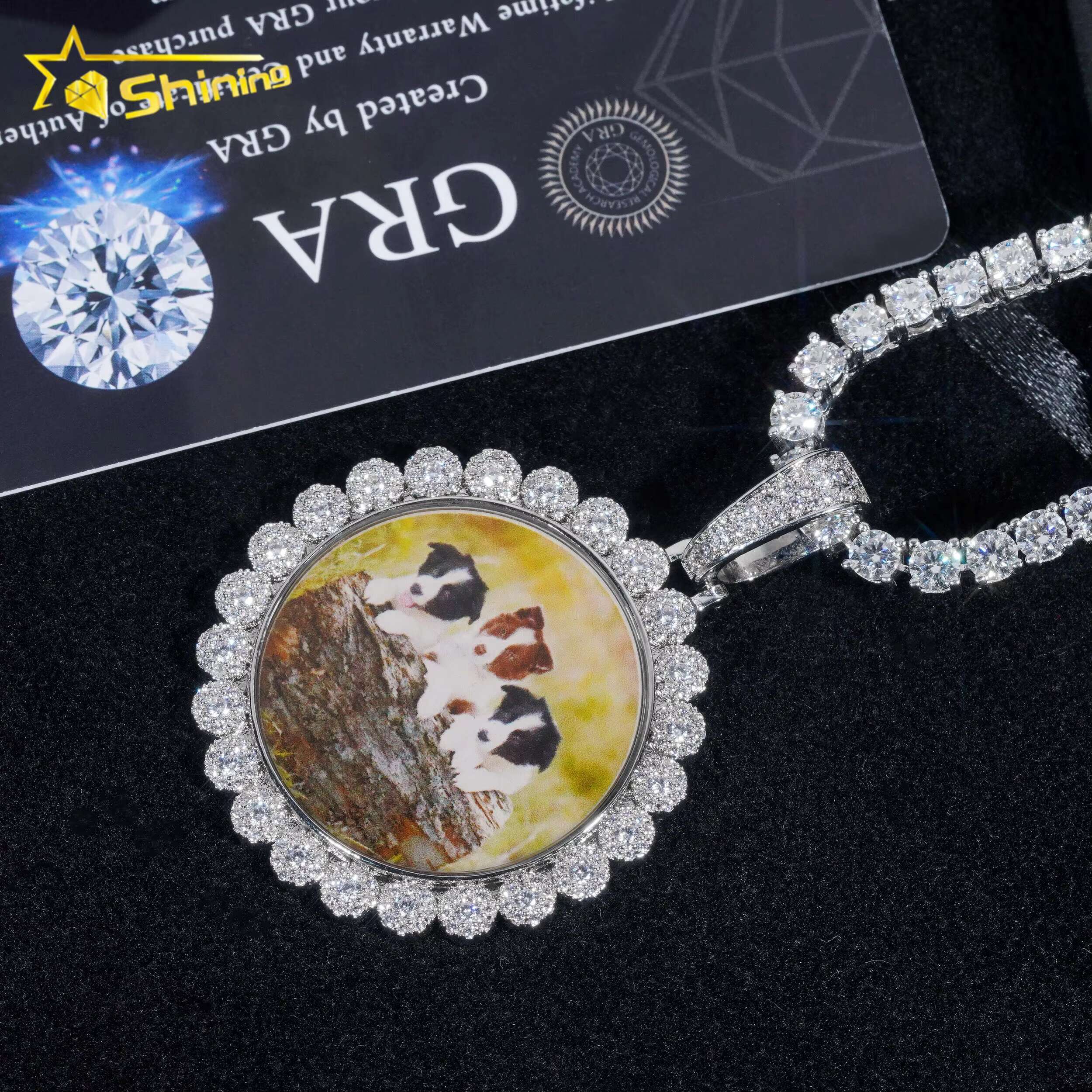 Custom Memory Flower Frame Iced Out 925 Silver Moissanite Picture Photo Pendant for Tennis Chain
