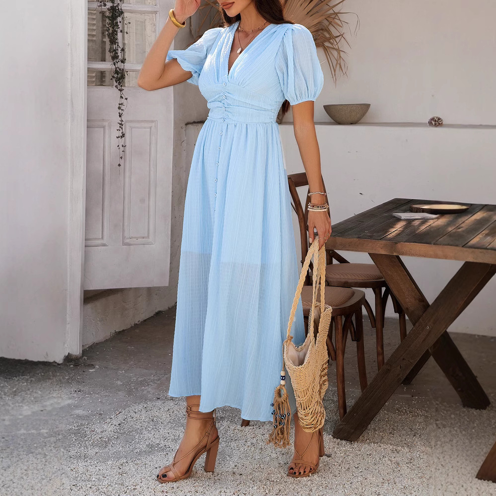 H72Summer holiday style high waist short sleeve single breasted slit dress
