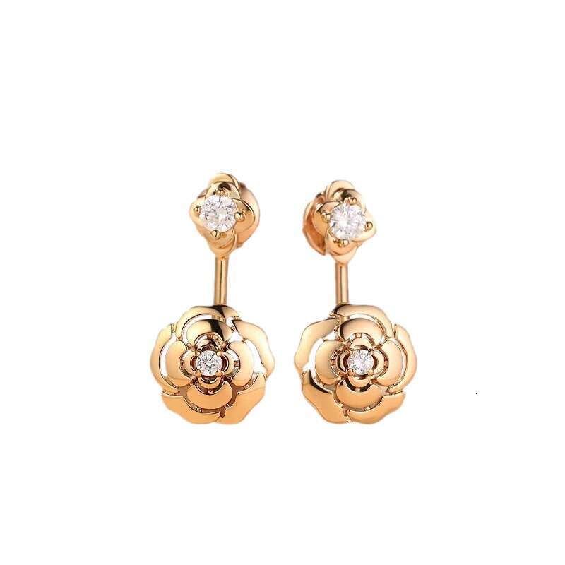 DHcollections S925 Rose Gold Camellia Earrings - Luxury Sterling Silver Floral Studs with Zirconia for Women | Elegant Flower Ear Jewelry