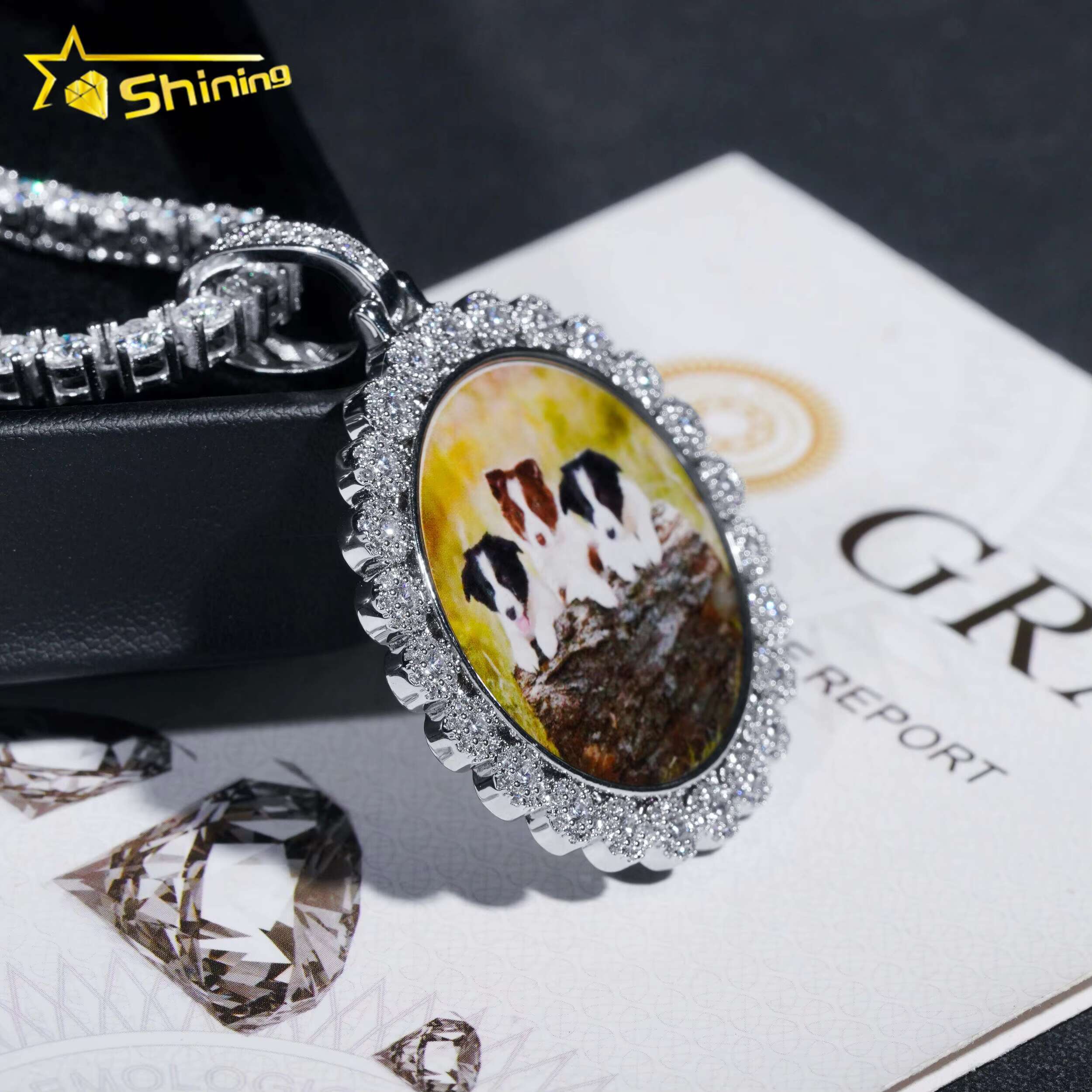 Custom Memory Flower Frame Iced Out 925 Silver Moissanite Picture Photo Pendant for Tennis Chain