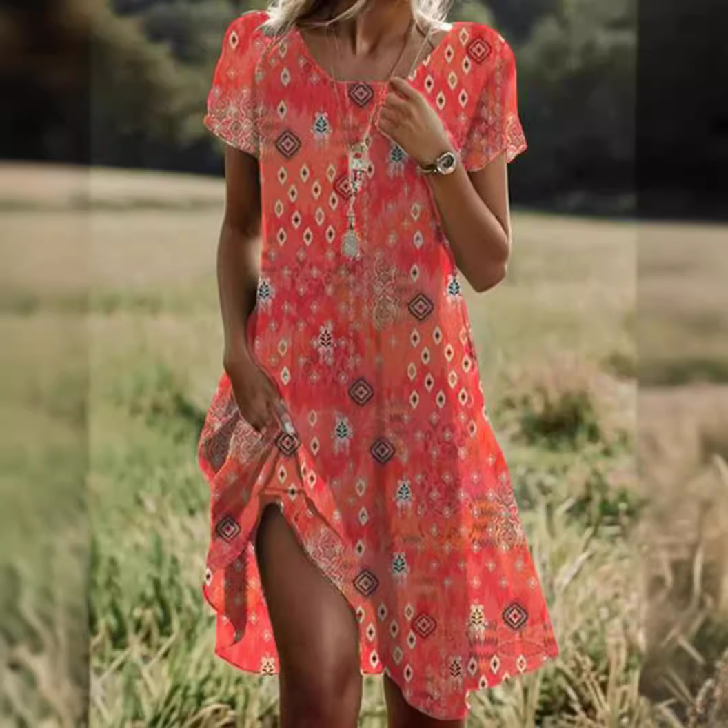 H720Summer hot sale literary folk style large round neck mid-length dress