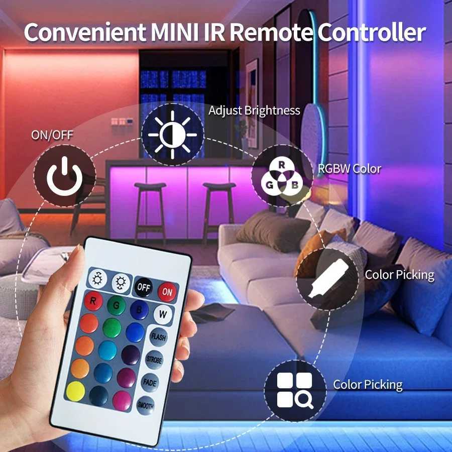 RGB LED Strip Light with IR 24 Key Remote Control Flexible LED Tape Lamp USB 5V 5050SMD 30/60LED/M 5M Room TV Decor Backlight W250701