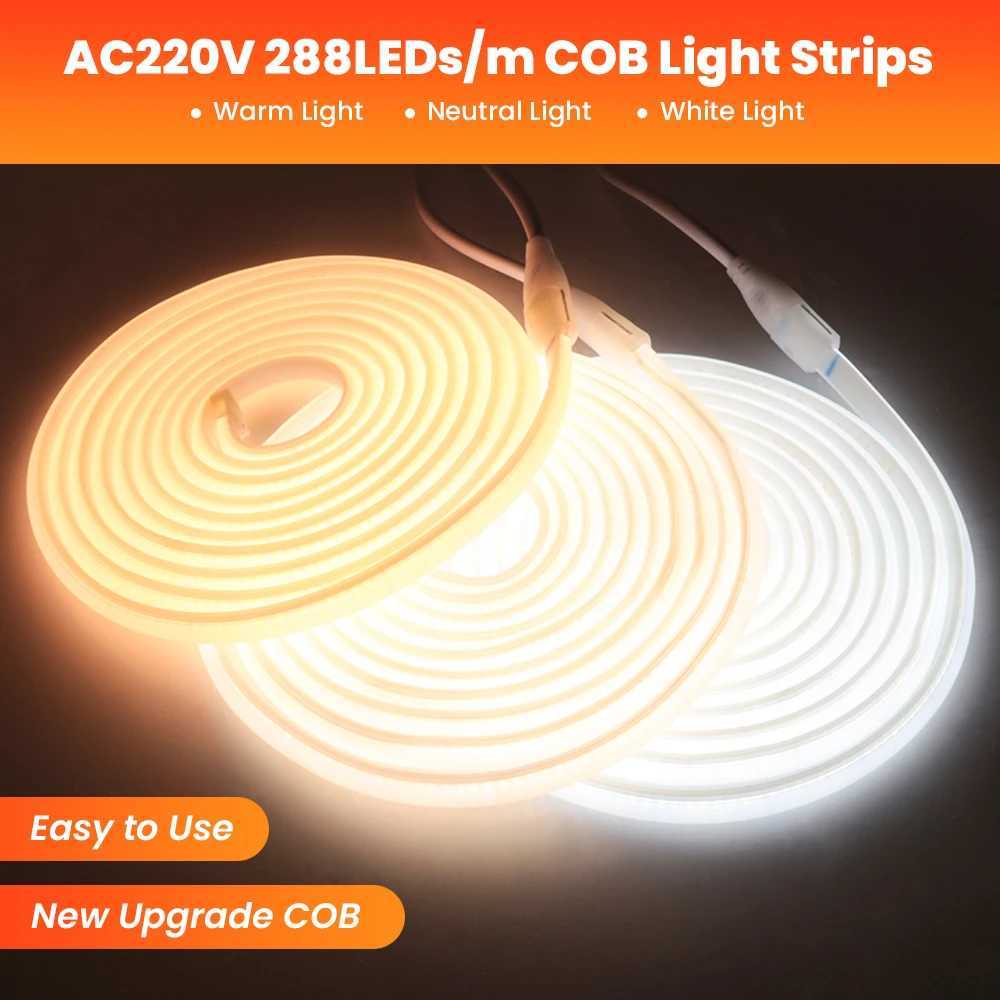 AC 110V 220V COB LED Strip Waterproof EU UK US Kit 3000K 4000K 6000K Garden Home Decor High Bright Flexible Ribbon Neon Light W250701