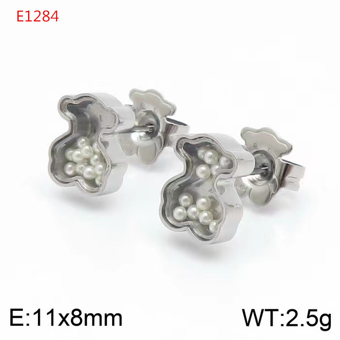 Fashion Women Men Girls Bear Silver Rose Gold Stainless Steel Copper White Pearl Zircon Hollow Animal Span Stud Earrings Jewelry