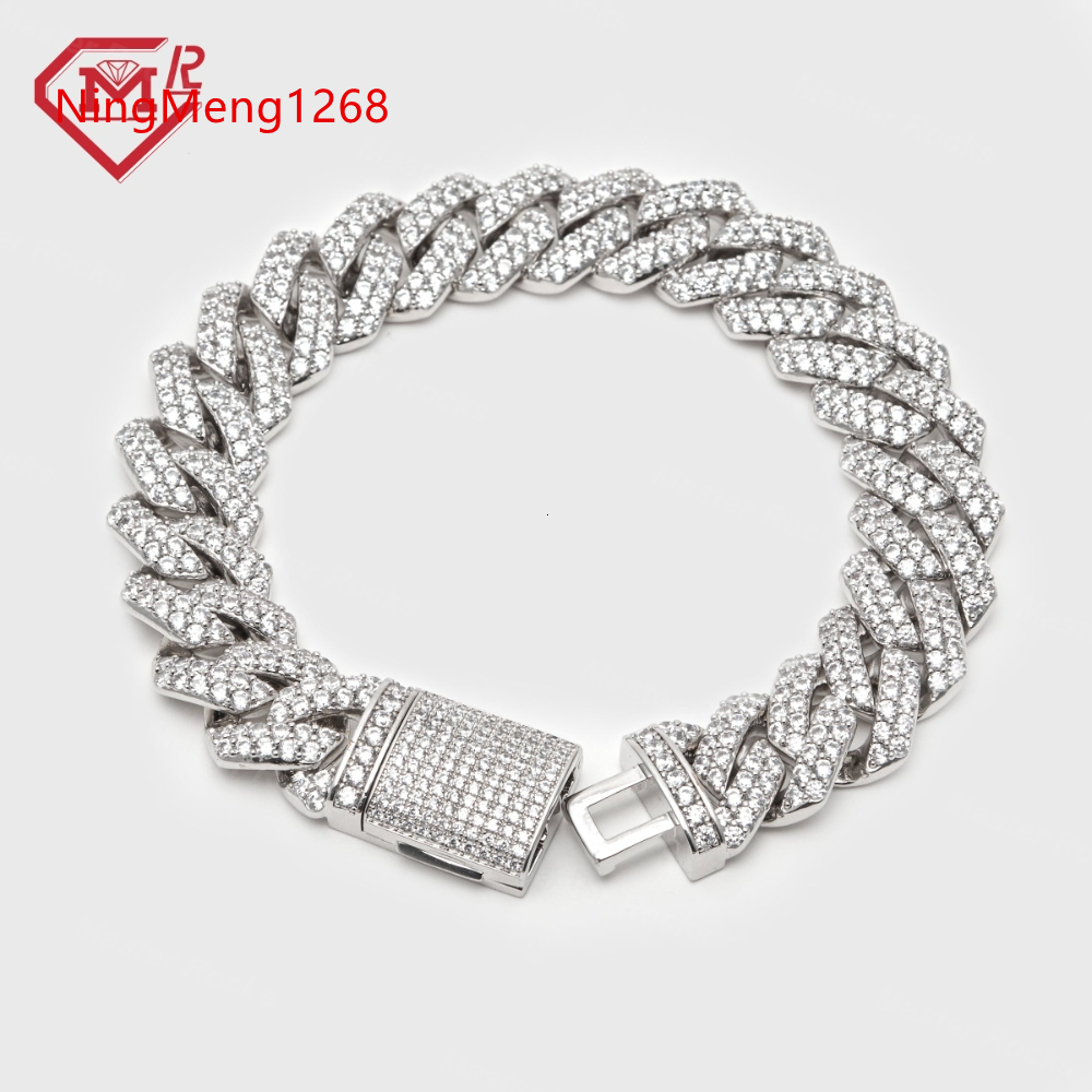Hip Hop 15mm Moisannite Cuban Bracelet Men 2rows Iced Out Prong Setting 925 Sterling Silver Vvs Moissanite Bracelet