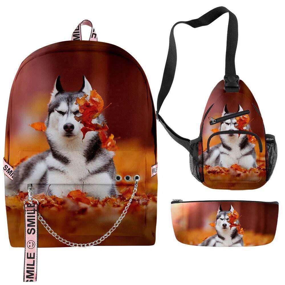 Novelty Creative Cool Husky 3D Print 3pcs/Set School Bags multifunction Travel Backpack Chest Bag Pencil Case