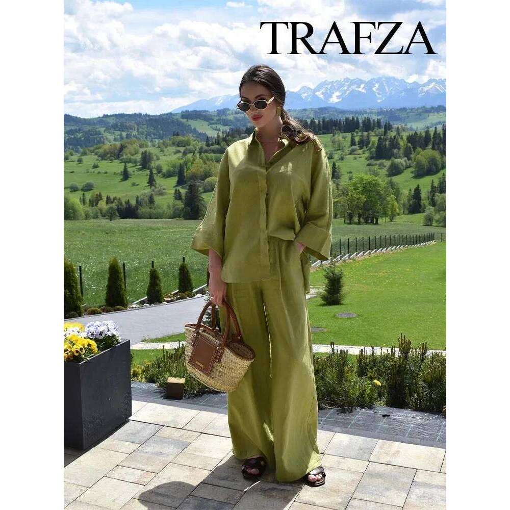 hoodie Women's Wear TRAFZA Women 2 Piece Set Elastic Waist Pocket Folds Decorate Wide Leg Pants+Solid Single-Breasted Slit Hem Blouse Top jacket