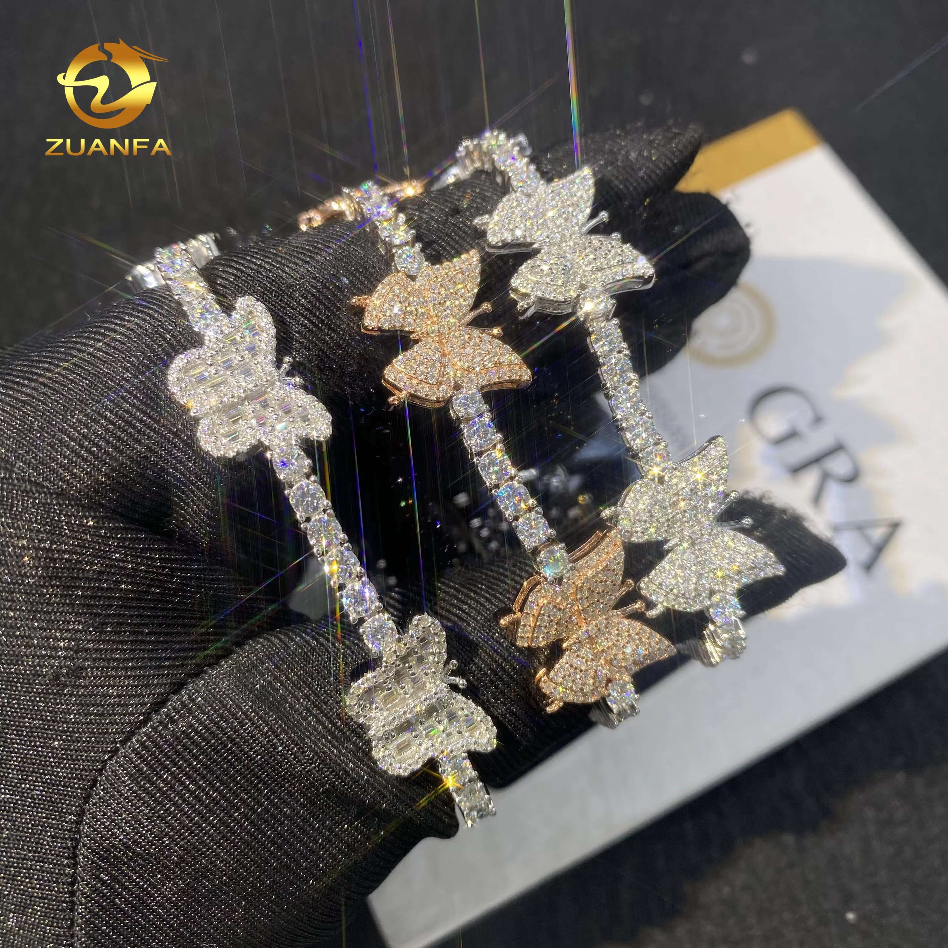 Elegant 3mm Diamond Tennis Bracelets 925 Silver Hip Hop Jewelry Women Iced Out VVS D Moissanite Rose Gold Butterfly Bracelet