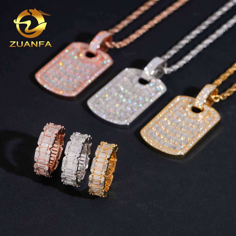 Water Drop Delivery Jewelry Hip Hop Sier Vvs Baguette Moissanite Tag Pendant & Ring Set