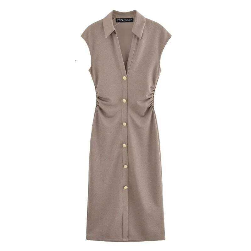 hoodie Women's Wear ETJ Spring And Summer New TRAF Women's Elegant Fashion Bead Cloth Shirt-Style Short-Sleeved V-Neck Slim-Fit Dress Long S