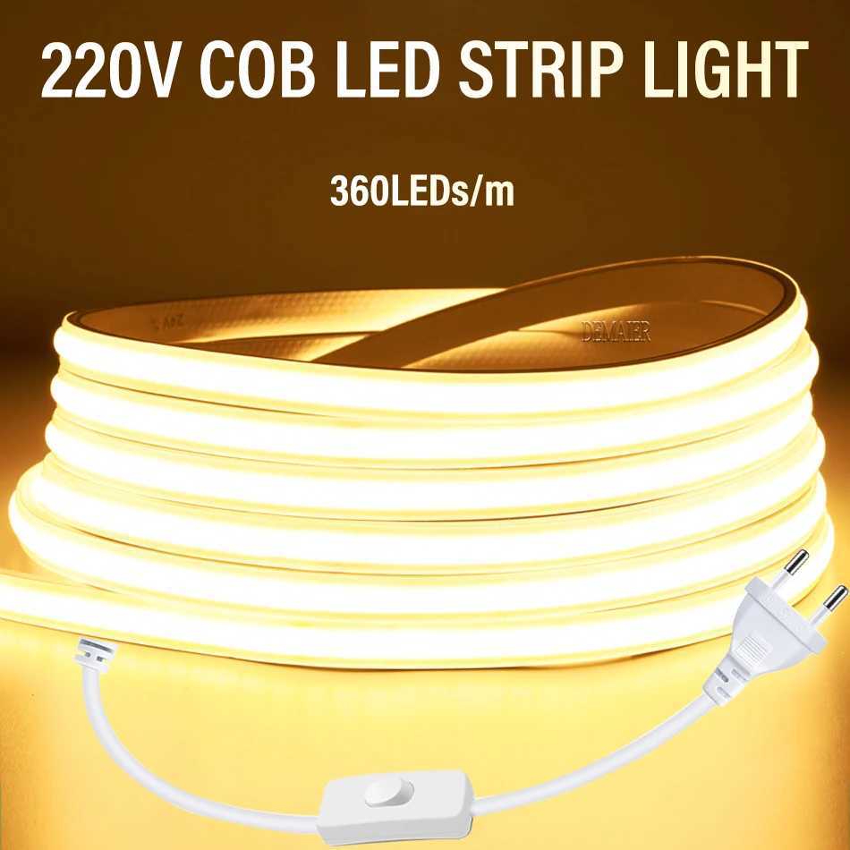 COB LED Strip Light 360leds/M 220V EU Plug RA 90 warm white 3000K 4000K 6000K Flexible LED Tape For Bedroom Kitchen Waterpr W250701
