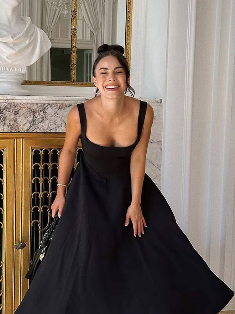 Black A-line Womens Long Dress Elegant Square Neck Pleated Sleeveless Sling Maxi Dresses 2025 Summer Lady Vacation Party Robes ddmysept ddmysept ddmys