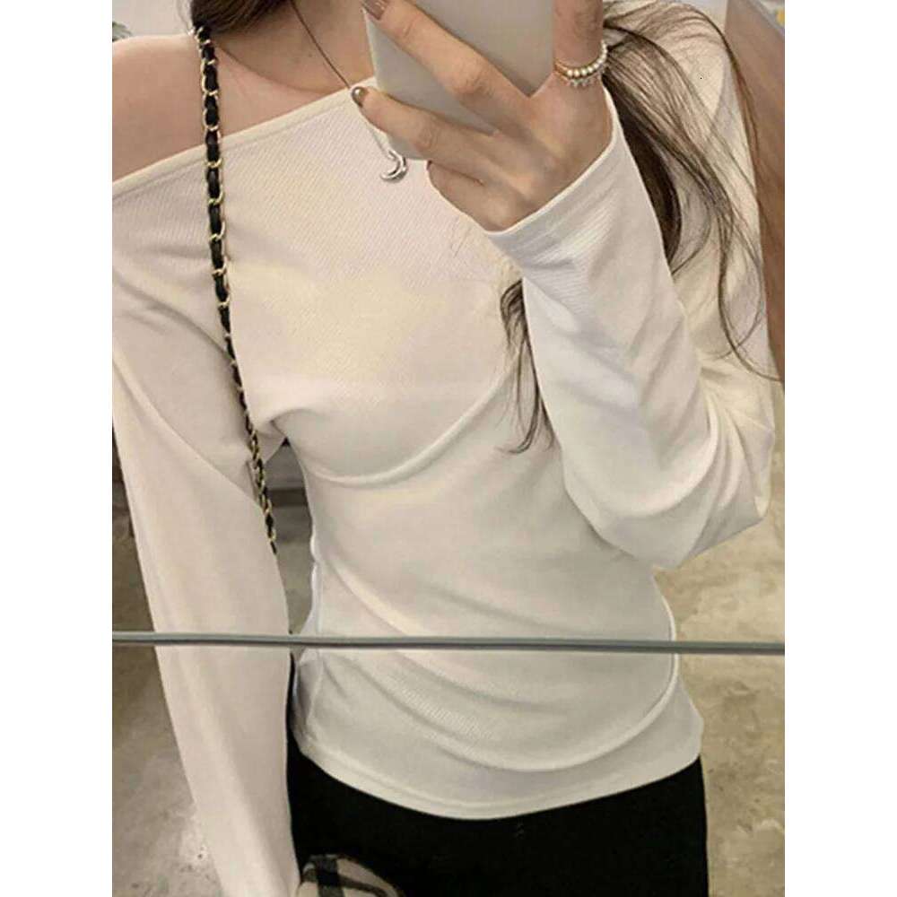 hoodie Wear Spring Summer Slash Neck White Women's T-Shirts New Long Sleeve Korean Split Casual Loose Bottom Knit Tops Tee Female jacket
