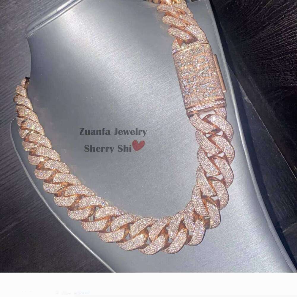 Zuanfa Jewelry Hip Hop Rose Gold Made Miami VVS Moissanite Dia Cuban Link Chain With Custom Name Clasp 25M