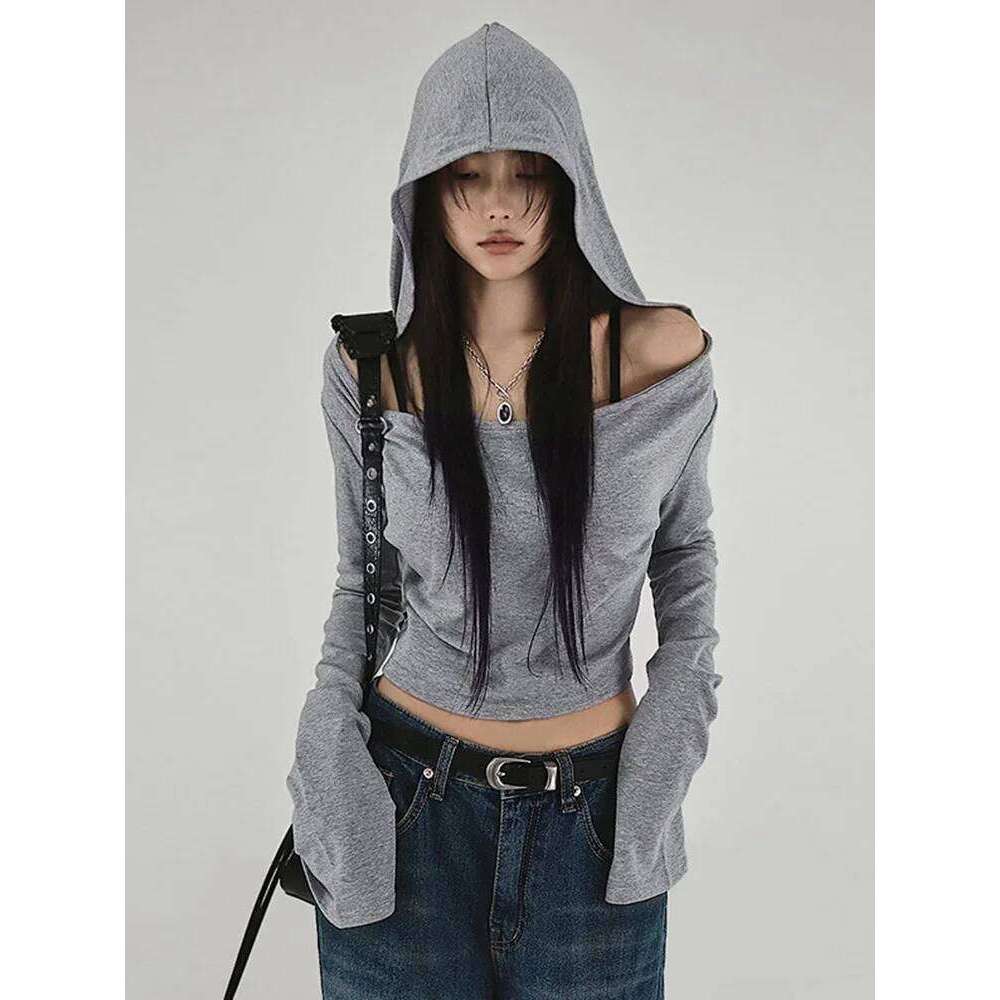 hoodie Wear Basic Hooded Waste Soil Style Cropped T-Shirt Y2k Aesthetic Slim Off Shoulder Long Sleeve Tees Casual Streetwear Tops jacket