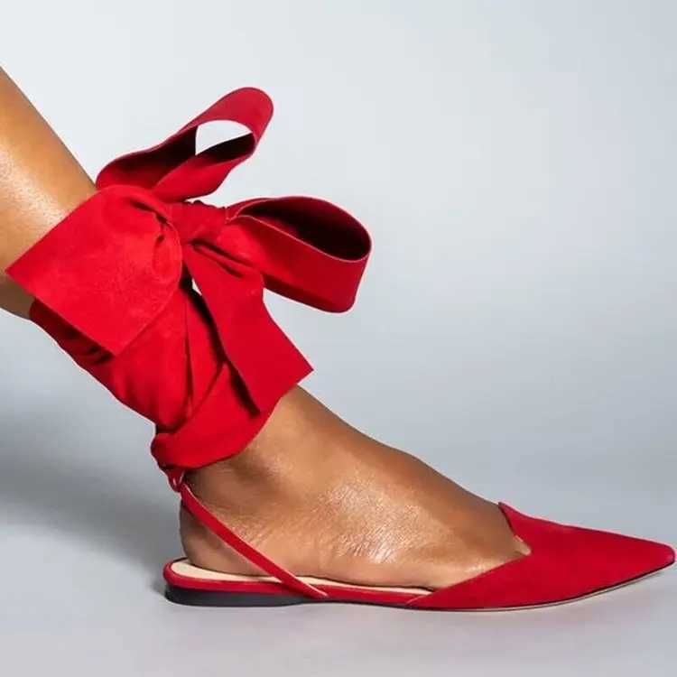 Sexy Womens Flat Ballet Shoes with Bow Designer Pointed Lace Up Party Sandals Trend Summer Slingback Sandals Women Plus Size 35~42 M250702