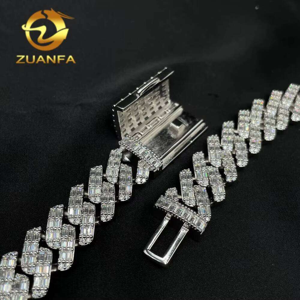 GRA Certified Mens Jewelry Necklace Fang Set Pure Sier 15Mm Baguette VVS Moissanite Iced Cuban Chain