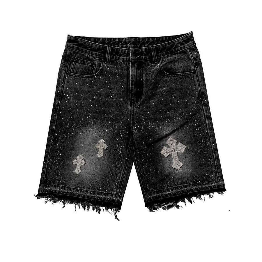 Rhinestone Irregular Denim Shorts Harajuku Hip Hop Street Style Unisex Black Loose Straight Leg Jeans