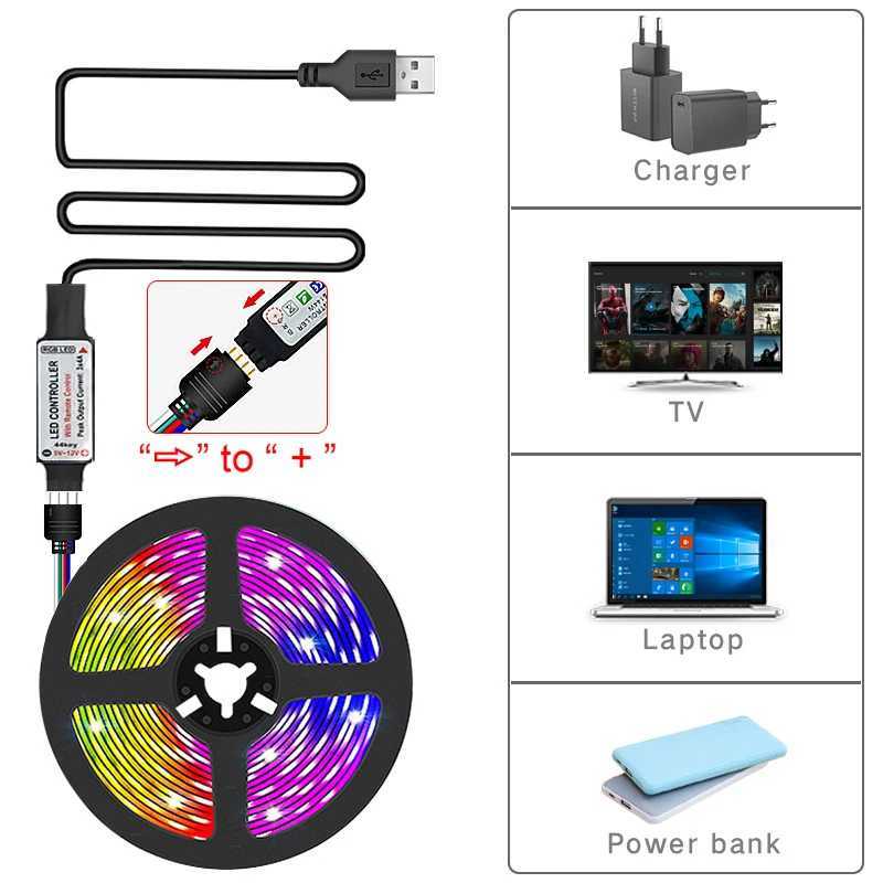 USB 5V LED Strip Lights Tape RGB LED Wall Room 44key Remote Control Flexible LED Tape Diode Lights for Room Home TV backlight W250701