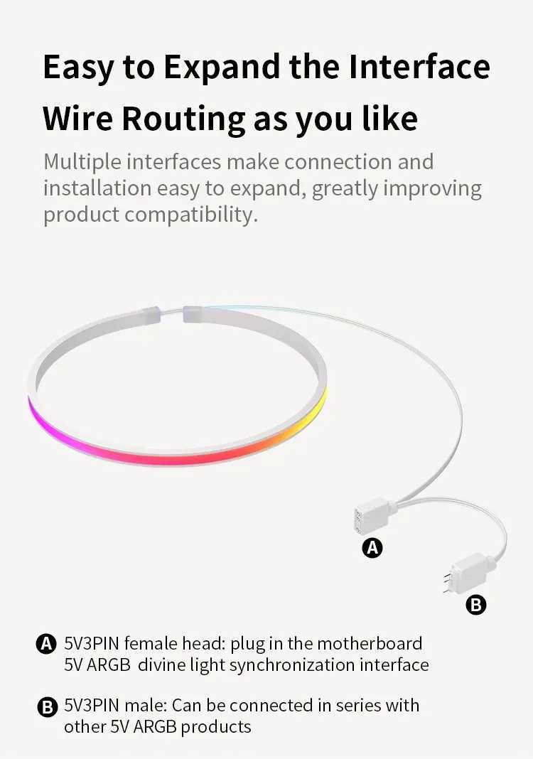 Soft Neon Addressable Rainbow PC WS2812b LED Strip Light for 5V 3pin ARGB Header PC Case Asus Aura Sync RGBIC Fusion MSI Mystic W250701