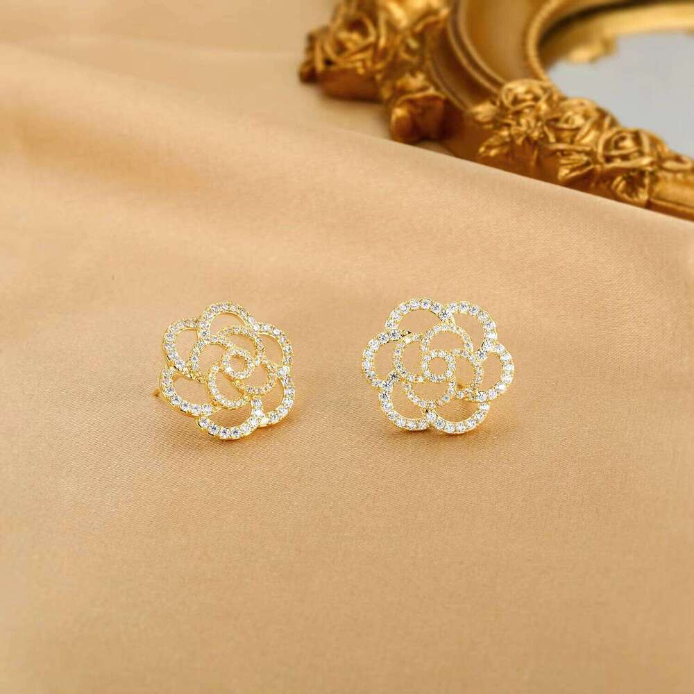 DHcollections Double-Sided French Rose Cubic Zirconia Stud Earrings, 14K Gold/Silver Plated, Elegant Floral Design, Hypoallergenic Earrings for Women