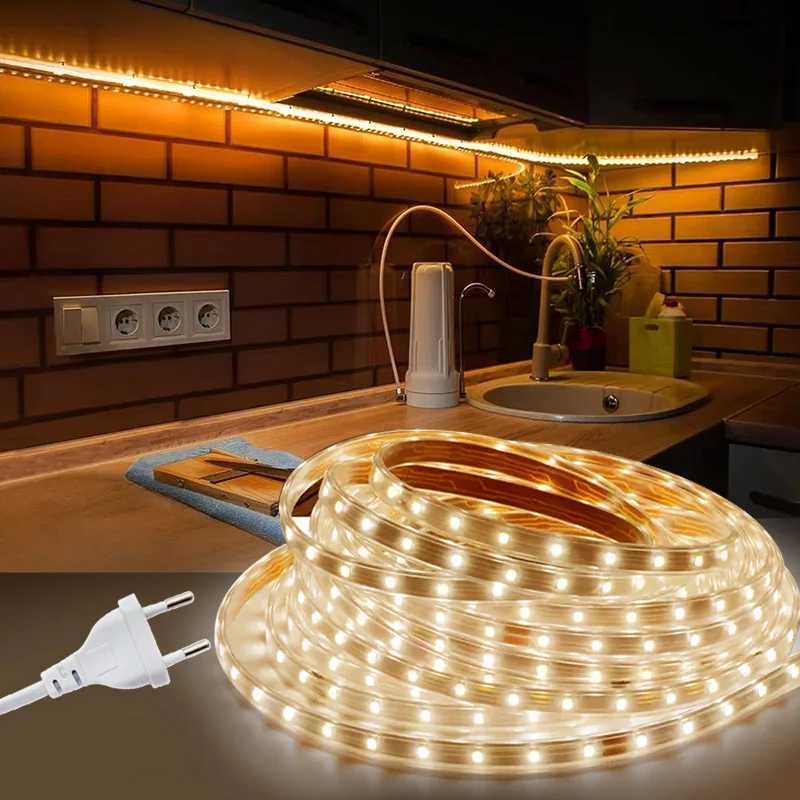 220V LED Strip with EU Plug Waterproof LED Lights Strip 220V Flexible Ribbon for Room Bedroom Kitchen Outdoor Garden Lighting W250701